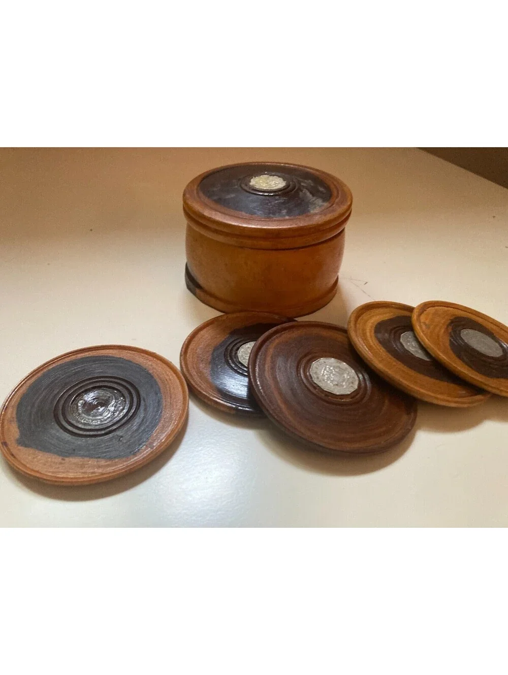 Vintage 5 Pc Hard Wood Coaster Set in Box